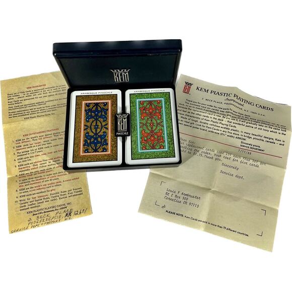 Vintage Kem Plastic Playing Cards ARABESQUE 2 Decks Washable USA Instructions - Picture 2 of 4